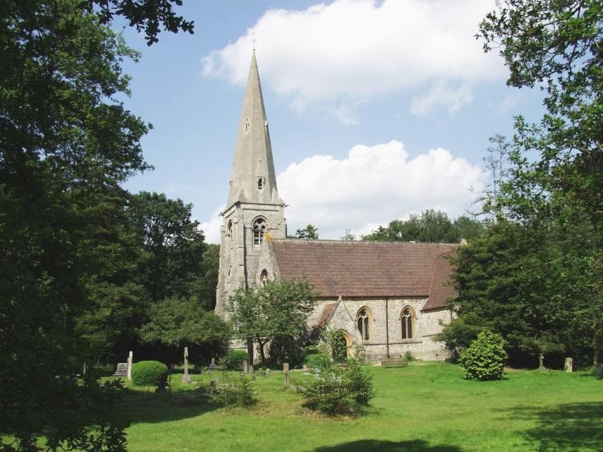 Scene showing the Church of the Holy Innocents, High Beach, Epping Forest, Essex, England