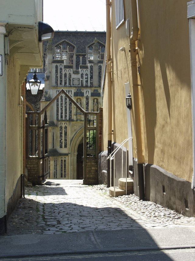 View of an alley and the church porch, Woodbridge, Suffolk, England