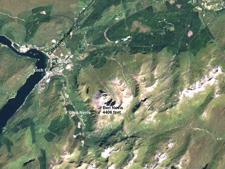 Satellite picture of the Fort William area, Highlands, Scotland, Great Britain