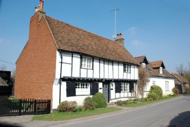 View of a jettied timber-framed house, Aldbury, Hertfordshire, England