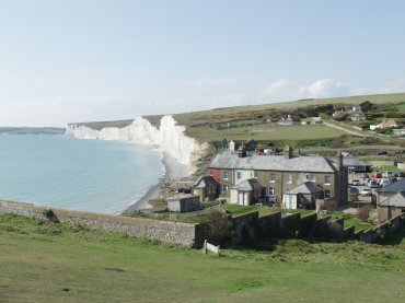The Seven Sisters chalk cliffs looking toward Cuckmere Haven and Seaford, East Sussex, England
