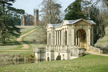 Photograph of the Palladian Bridge and Gothic Temple, Stowe Gardens, Buckingham, Buckinghamshire, England