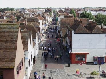Photo showing the High Street from the battlements of Westgate Towers, Canterbury, Kent, England