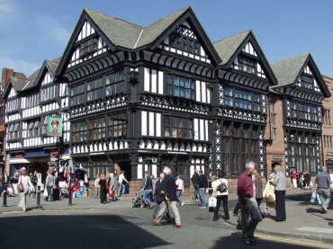 Photograph of one of the timber framed buildings on the corner of Frodsham Street, Chester, Cheshire, England