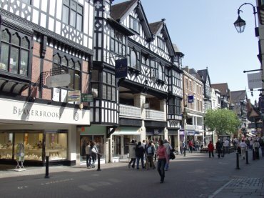 The Rows in Eastgate Street looking towards Eastgate, Chester, Cheshire, England