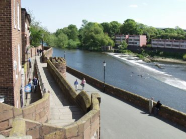 Scene showing the walkway on the city walls by the River Dee, Chester, Cheshire, England