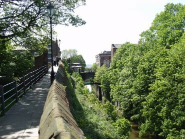 View of the city walls, the Bridge of Sighs and the Shropshire Union Canal, Chester, Cheshire, England, UK