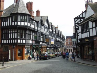 View of the timber framed buildings in St. Werburgh Street, Chester, Cheshire, England