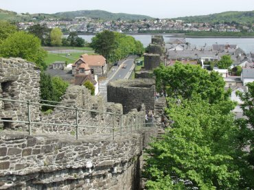 Photo looking, towards the river, at the longest stretch of the town walls, Conway, Snowdonia, Caernarfonshire (Gwynedd), North Wales