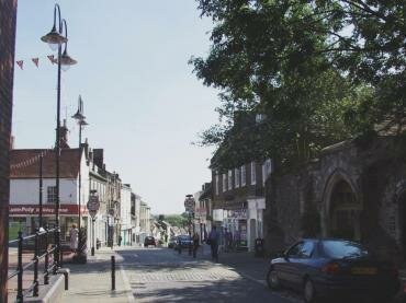 Scene showing High Street and Forehill, Ely, Cambridgeshire, England