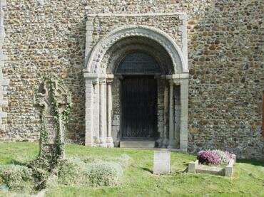 View of a Norman doorway, church of St. John the Baptist, Finchingfield, Essex, England