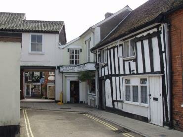 View of a half-timbered house near Market Hill, Framlingham, Suffolk, England
