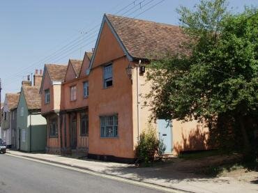 Scene showing Tudor houses in the High Street, Hadleigh, Suffolk, England