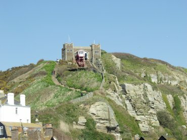 Steps by the Funicular Railway, East Cliff, Hastings Old Town, Hastings, Sussex, England, Great Britain