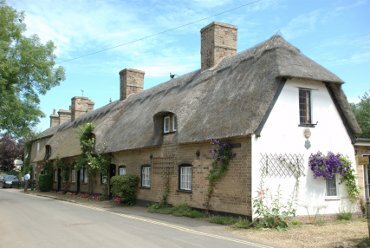View of terraced thatched cottages in Mill Lane, Houghton, Huntingdonshire (Cambridgeshire), England