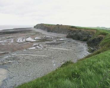 Stratification in a wave cut platform showing an obvious fold in the strata, Kilve, Somerset, England