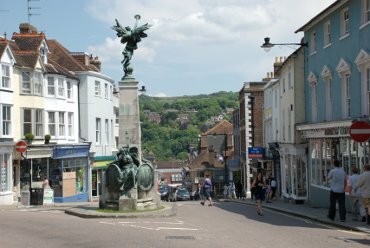 Scene showing High Street at the junction with Market Street, Lewes, Sussex, England
