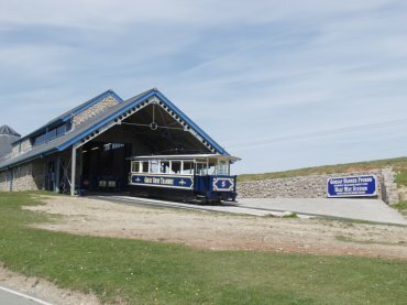 Photo of a tram car arriving at the half-way station on the Great Orme's Head, Llandudno, Gwynedd, Snowdonia, North Wales