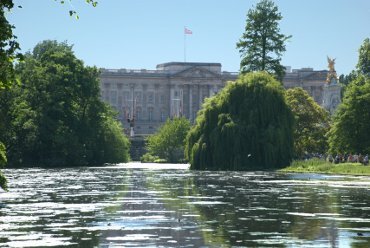 View of St. James's Park lake and Buckingham Palace, London, England