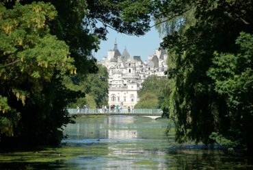 Photograph of the view along St. James's Park lake to Whitehall, London, England