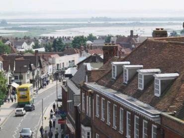 View looking east over Maldon towards the Hythe Quay and the Promenade Park showing the river Blackwater, Maldon, Essex, England