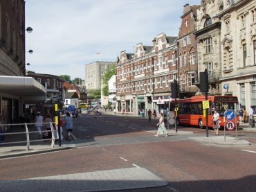 View of the junction of Red Lion Street and Rampant Horse Street, Norwich, Norfolk, England