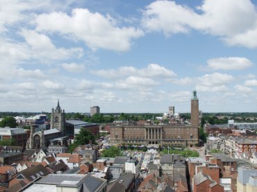 Photograph showing St. Peter Mancroft church, the Guildhall and the Roman Catholic Cathedral from the castle battlements, Norwich, Norfolk, England