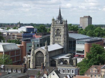 View of the church of St. Peter Mancroft from the castle battlements, Norwich, Norfolk, England