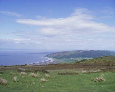 Scene showing Porlock Bay from the top of Porlock Hill near Pittcombe Head, Somerset, England