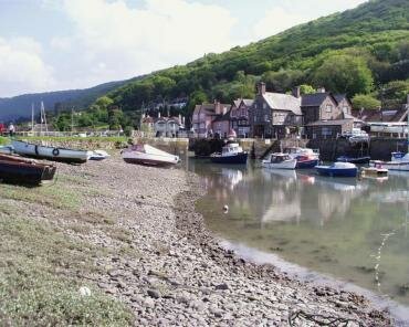 Scene inside the lock gates, looking towards the lock, at Porlock Weir, Somerset, England