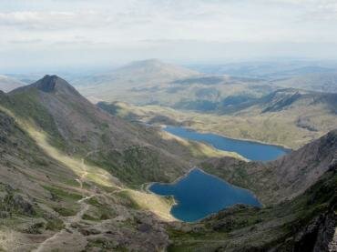 Scene showing Glaslyn, Llyn Llydaw, the Miner's Track and the Pyg Track, Snowdon, Caernarvonshire (Gwynedd), Wales