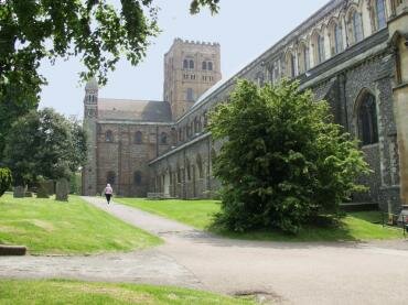 View of the Great Tower and North Transept, St. Albans Cathedral, St. Albans, Hertfordshire, England