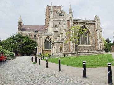 View of the East End and Lady Chapel, St. Albans Cathedral, St. Albans, Hertfordshire, England