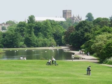 View of St. Albans Cathedral from Verulamium Park, St. Albans, Hertfordshire,  England