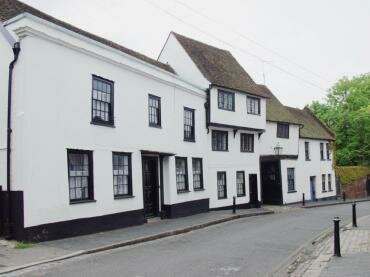 View of ancient Tudor houses in Fishpool Street, St. Albans, Hertfordshire, England