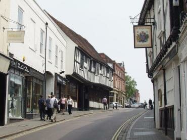 View of George Street and the Tudor Tavern, St. Albans, Hertfordshire, England