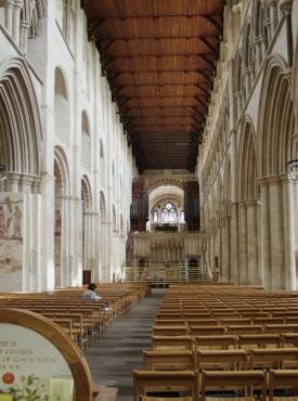 View along the nave of St. Albans Cathedral, St. Albans, Hertfordshire,  England