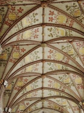 View of the vaulted ceiling in the Quire, St. Albans Cathedral, St. Albans, Hertfordshire, England