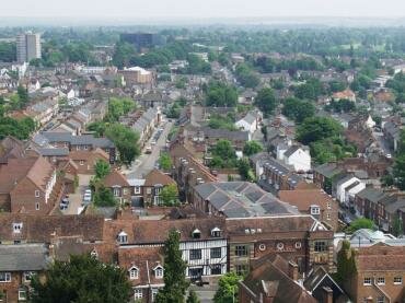View, East, from the Great Tower of St. Albans Cathedral, St. Albans, Hertfordshire, England