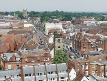 View, North, from the Great Tower of St. Albans Cathedral, St. Albans, Hertfordshire,  England