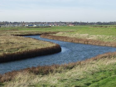 Scene showing a borrowdyke on the grazing marsh at Tollesbury Wick, Tollesbury, near Maldon, Essex, England