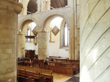 Photograph of the different column decorations in the Abbey Church, Waltham Abbey, Essex, England