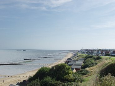 Walton town and pier from the Naze cliffs, Walton-on-the-Naze, Essex, England