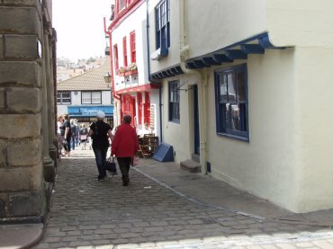 View of entrance to Market Place, Whitby Old Town, North Yorkshire, England