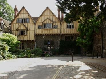 Scene showing Cheyney Court from inside Priors Gate, Winchester, Hampshire (Hants), England