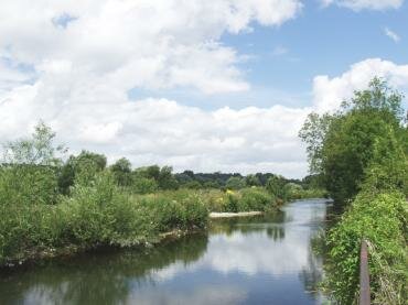 View by the river between St. Catherine's Hill and St. Cross Hospital, Winchester, Hampshire (Hants), England
