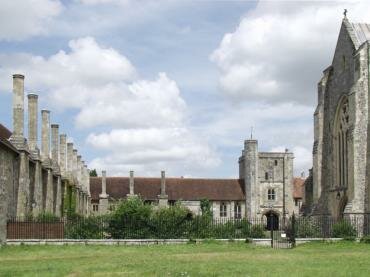 Scene showing the alms houses and St. Cross Hospital, Winchester, Hampshire (Hants), England