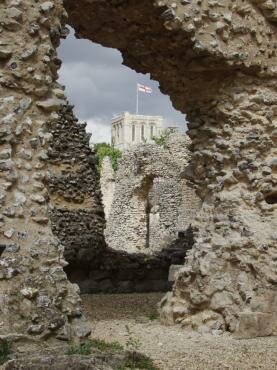 View in Wolvesey Castle showing the cathedral tower, Winchester, Hampshire (Hants), England