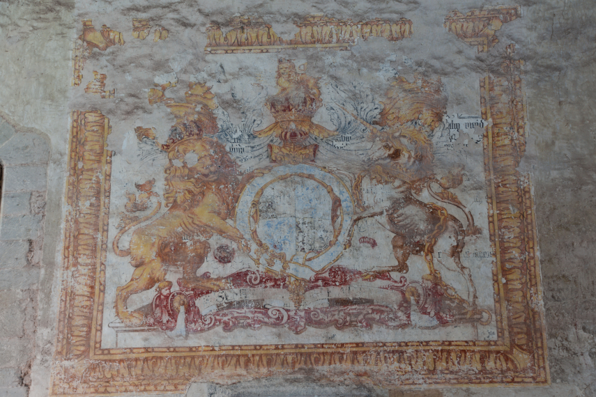 Queen Anne royal coat of arms, Dore Abbey, Abbey Dore, Herefordshire, England, Great Britain