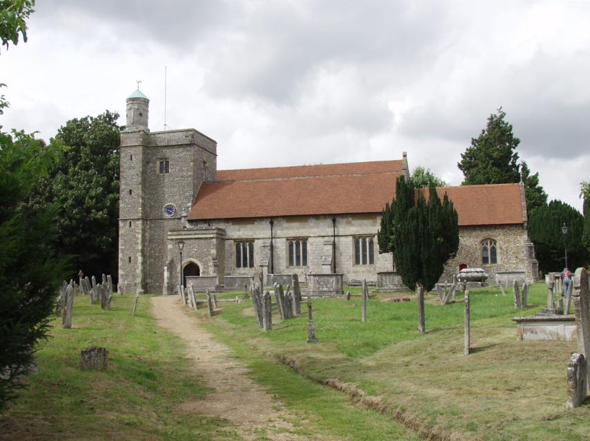 Scene showing the church of St. Peter, Bishops Waltham, Hampshire, England